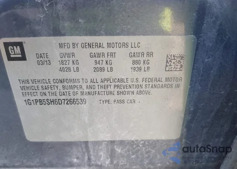 2013 Chevrolet Cruze Ls Manual from USA, damaged, VIN 1G1PB5SH6D7266539